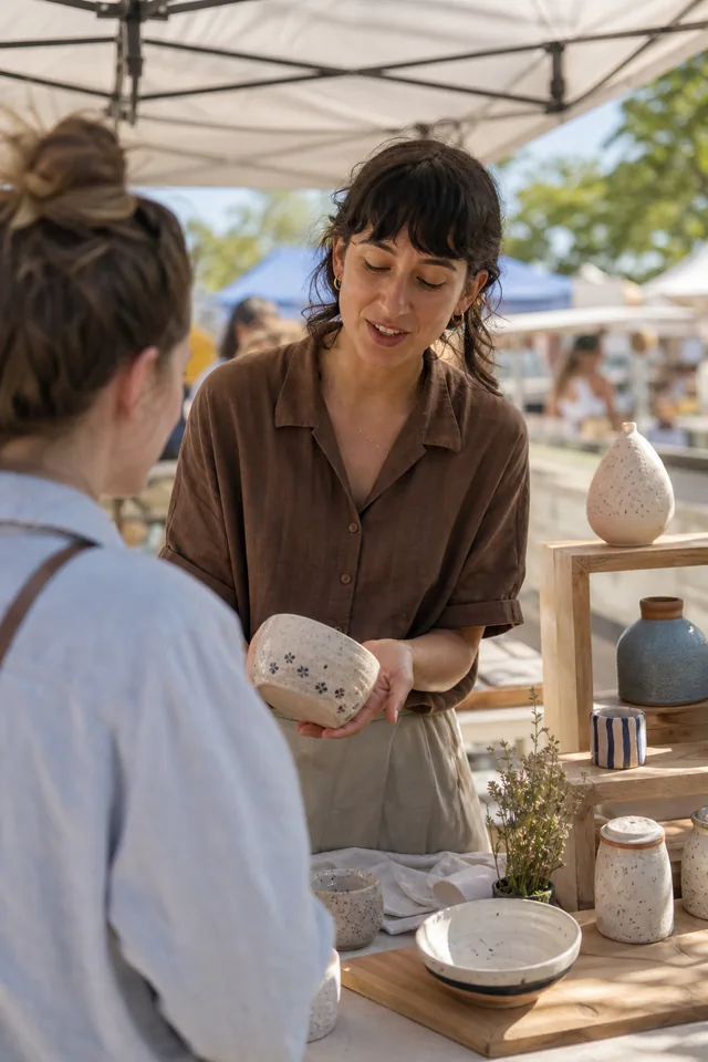 AI-generated editorial photograph of Maker showing an unbranded handmade product to a visitor at a bright market stall.