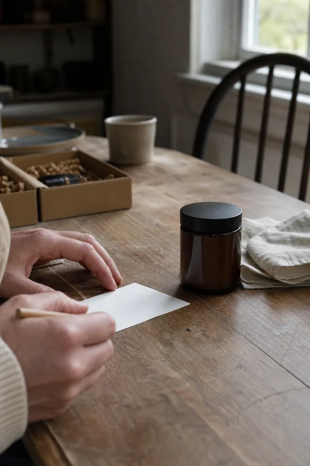 Maker holding a plain pencil over blank cards beside an unbranded product at a worktable.