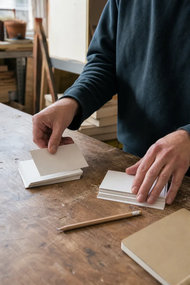 Hands sorting blank cards into two piles beside a plain product and pencil.