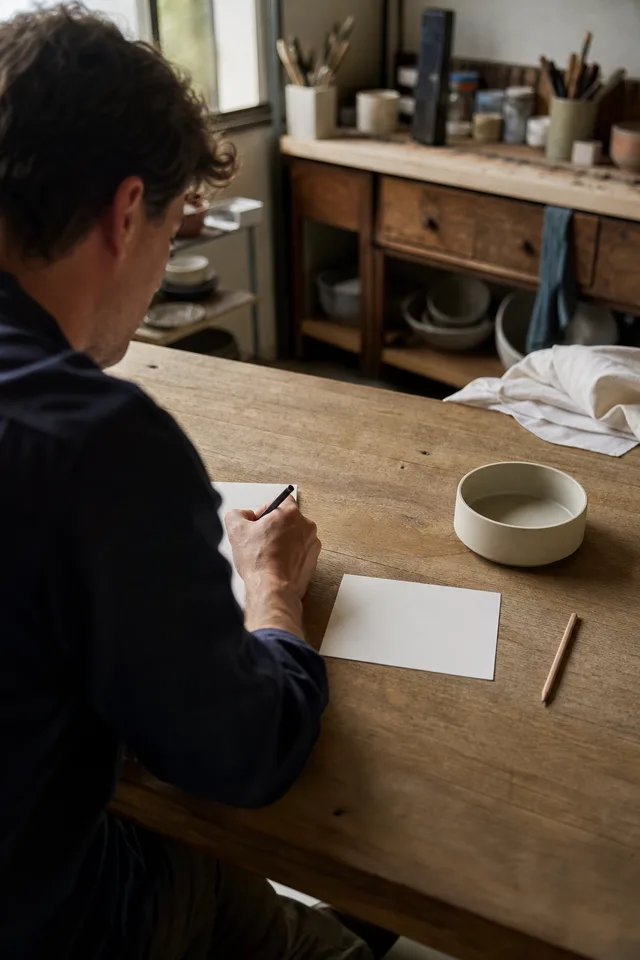 Maker writing with the page turned away beside a blank fact card and plain product.