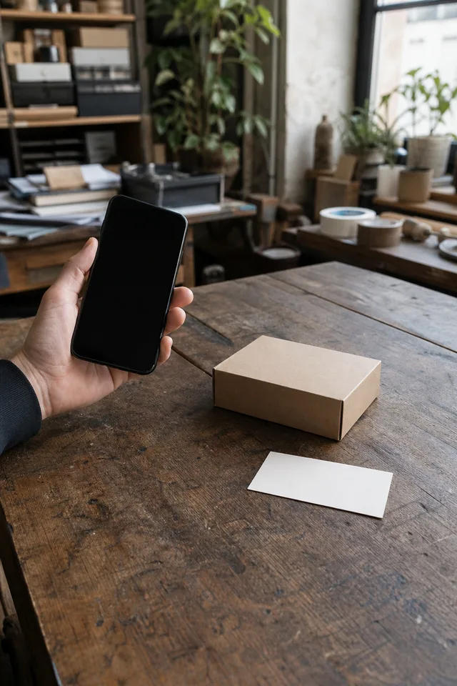 Hand holding a turned-away phone beside a plain product and blank card.