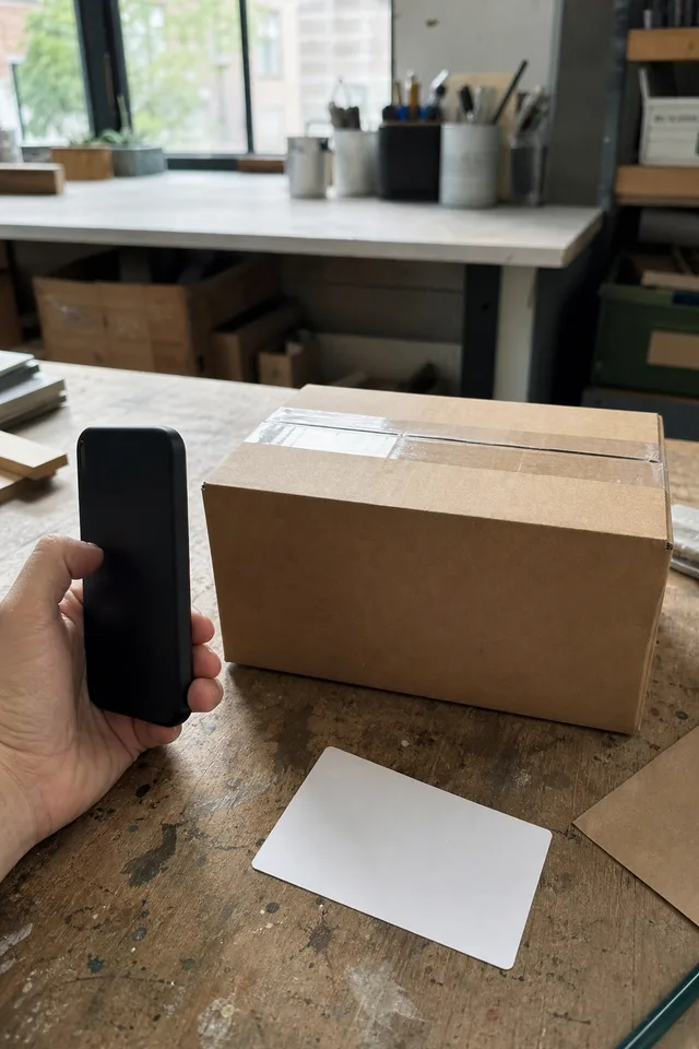 Hand holding a turned-away phone beside a sealed plain parcel and blank card.