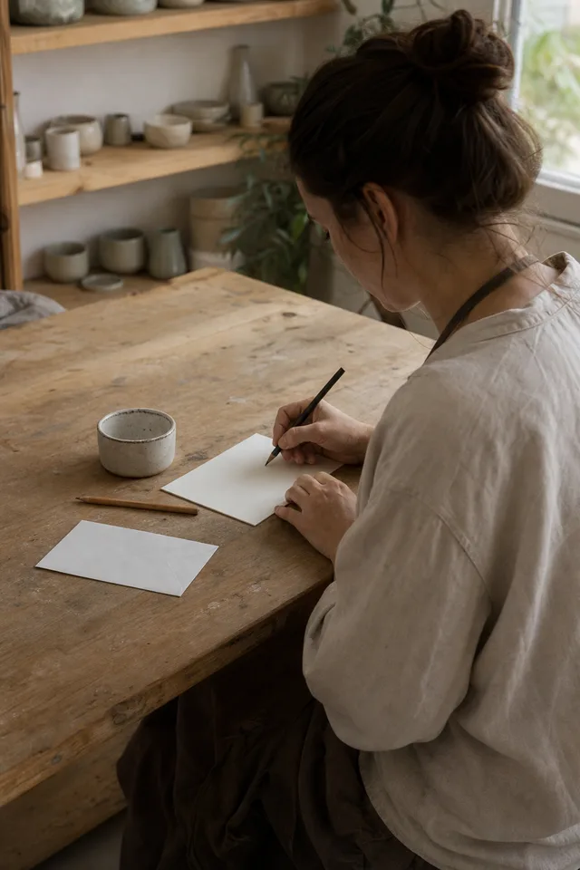 Maker writing with the page turned away beside a blank envelope and plain product.