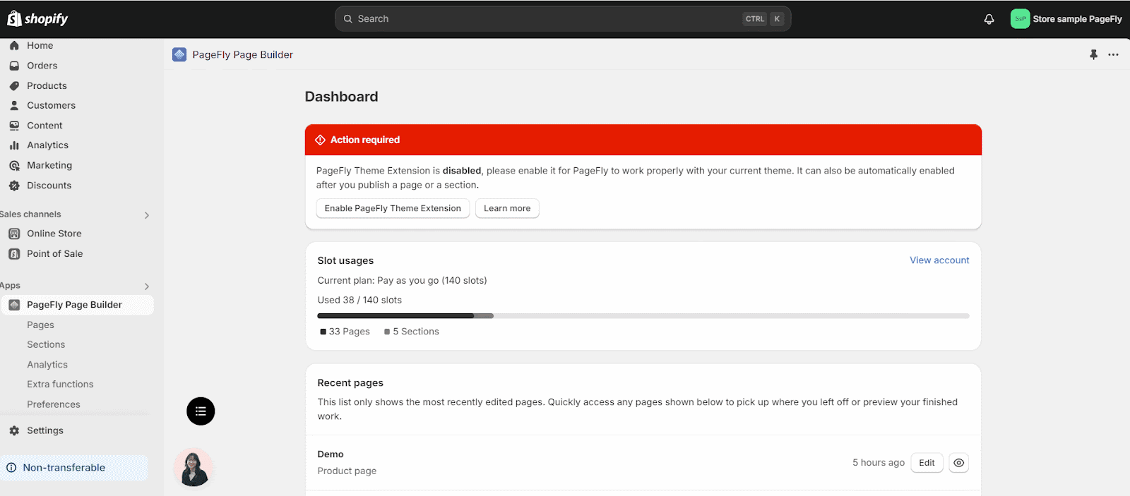 PageFly dashboard overview