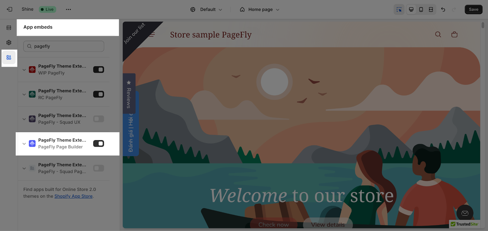 Enabling the PageFly theme app extension in Shopify