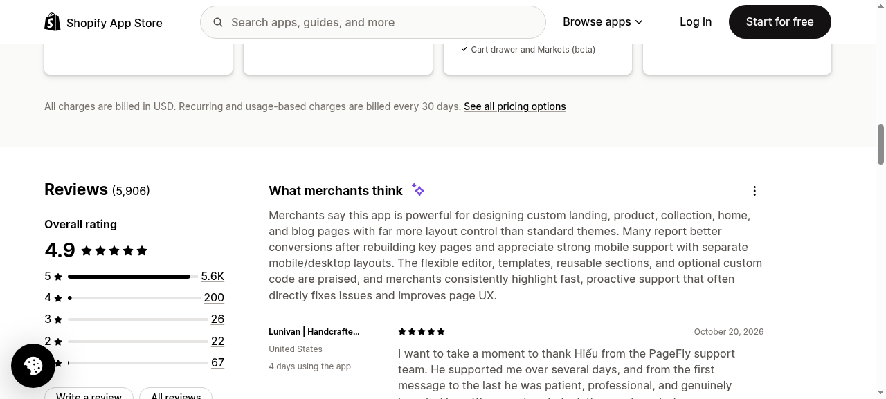 PageFly reviews on the Shopify App Store
