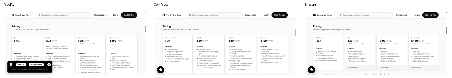 PageFly vs GemPages vs Shogun pricing comparison