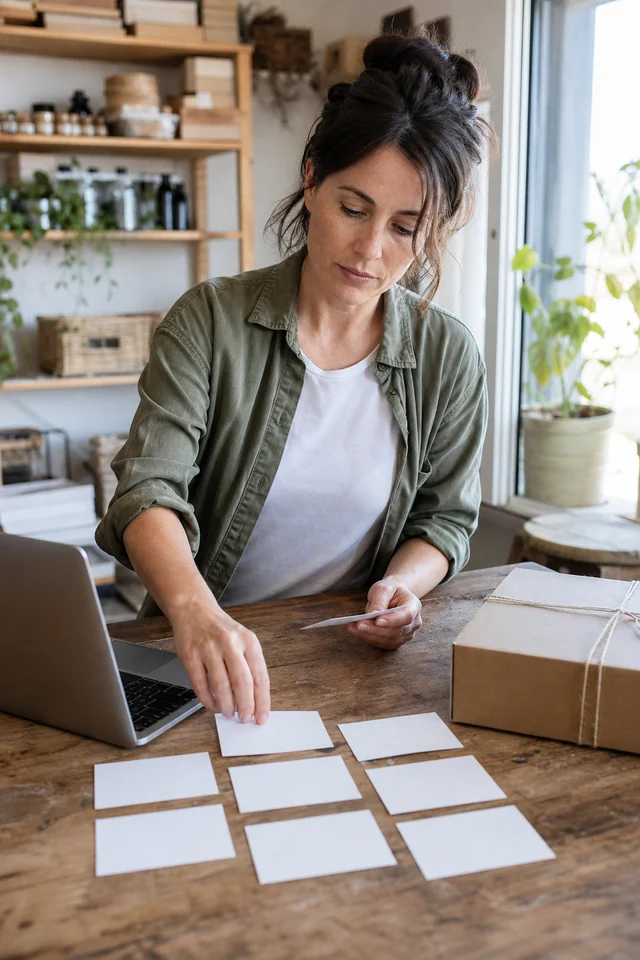 AI-generated editorial photograph of a maker listing email jobs with blank cards beside a laptop.