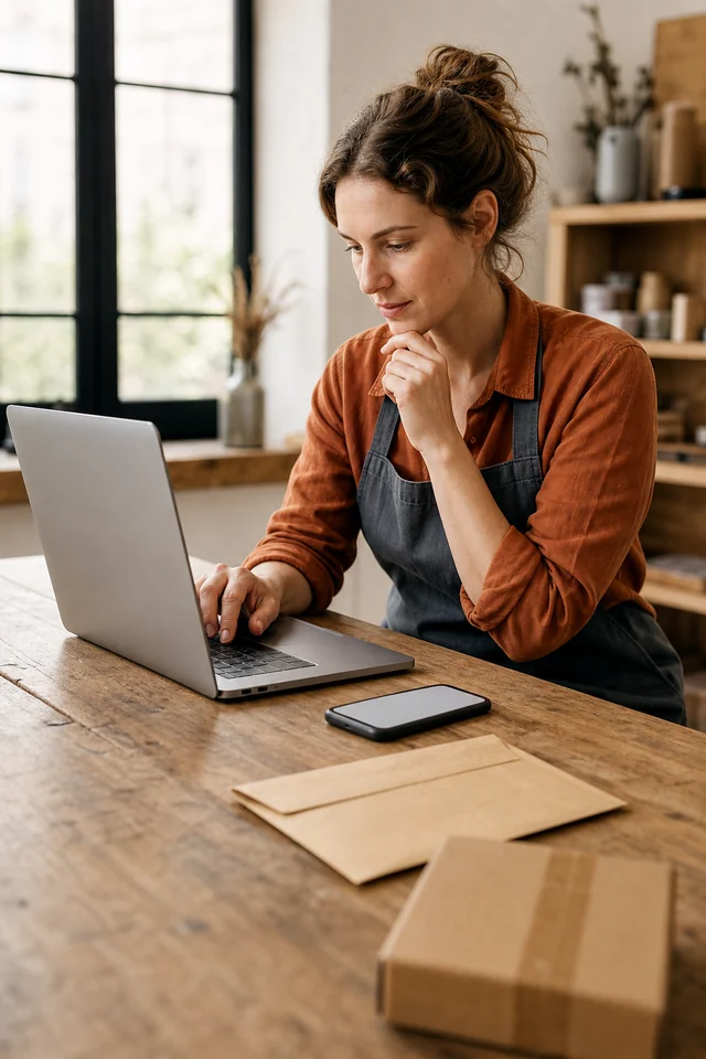 AI-generated editorial photograph of a maker testing a customer communication route with a laptop and parcel.