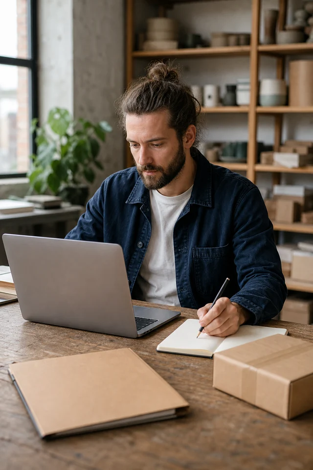 AI-generated editorial photograph of a maker preparing to export customer records from an unbranded laptop.