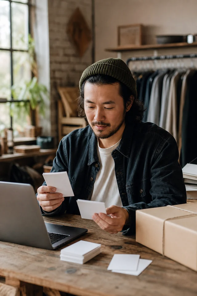 AI-generated editorial photograph of a maker reviewing blank subscriber record cards beside a laptop.