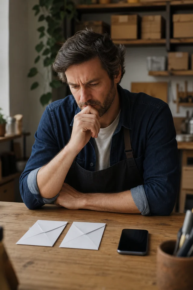 AI-generated editorial photograph of a maker troubleshooting two blank envelopes and a smartphone.