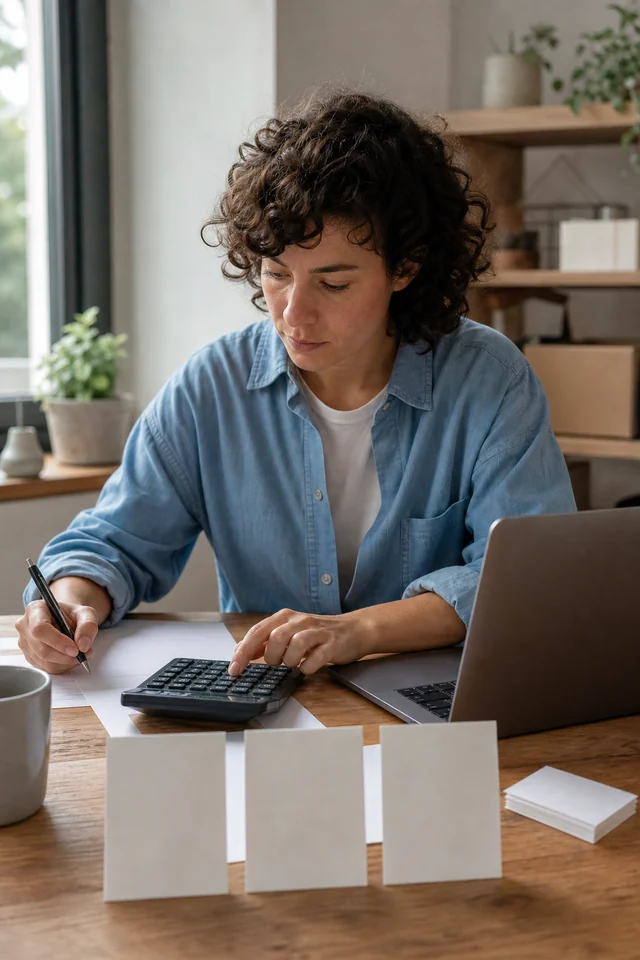 AI-generated editorial photograph of a maker comparing operating costs with a calculator and laptop.