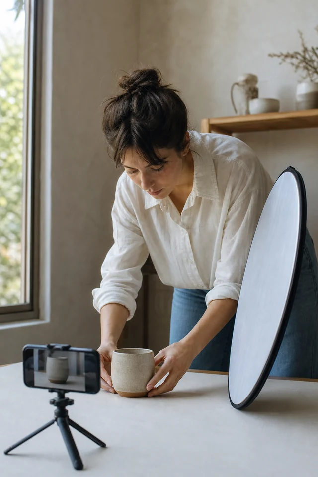 AI-generated editorial photograph of a maker arranging an unbranded product for a clean product view.