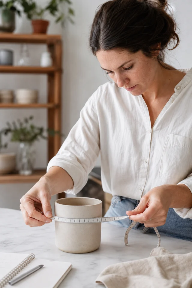 AI-generated editorial photograph of a maker measuring an unbranded product with a tape measure.