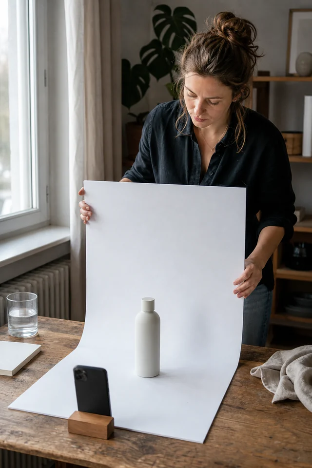 AI-generated editorial photograph of a maker setting up a simple window-light product scene.