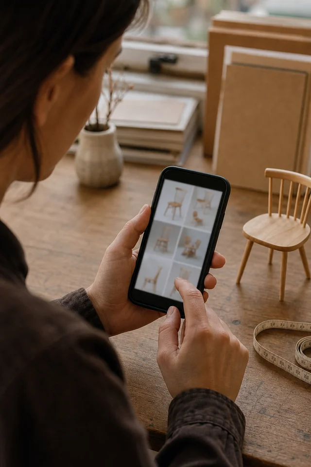 AI-generated editorial photograph of a maker reviewing product photos beside the real product.