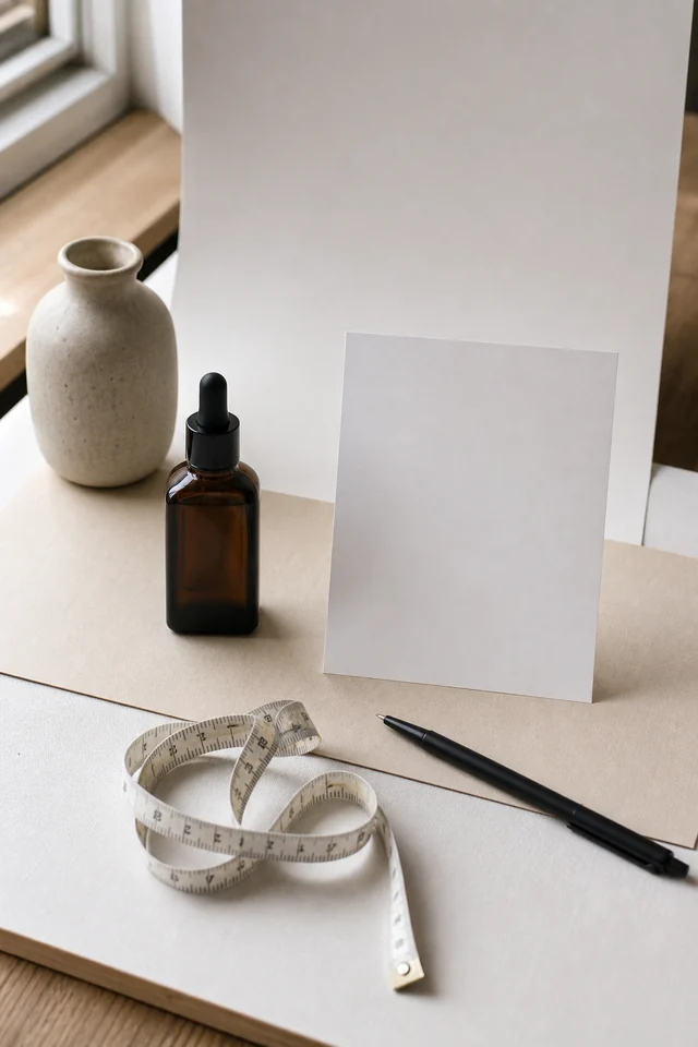 AI-generated editorial photograph of a product setup beside a blank fact card and measuring tape.