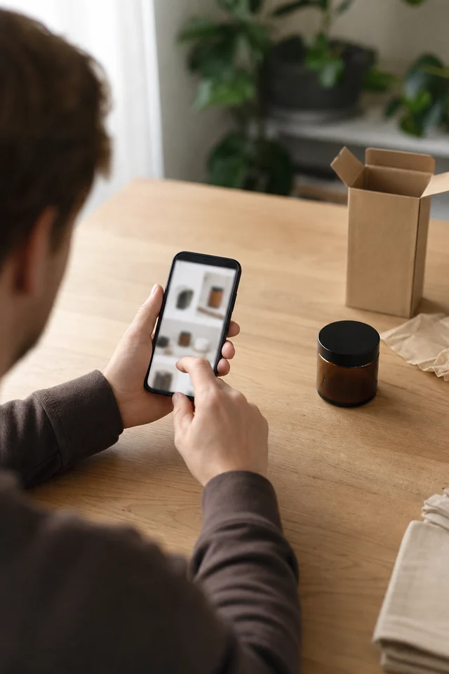 AI-generated editorial photograph of a maker checking a final set of product photos beside packaging.
