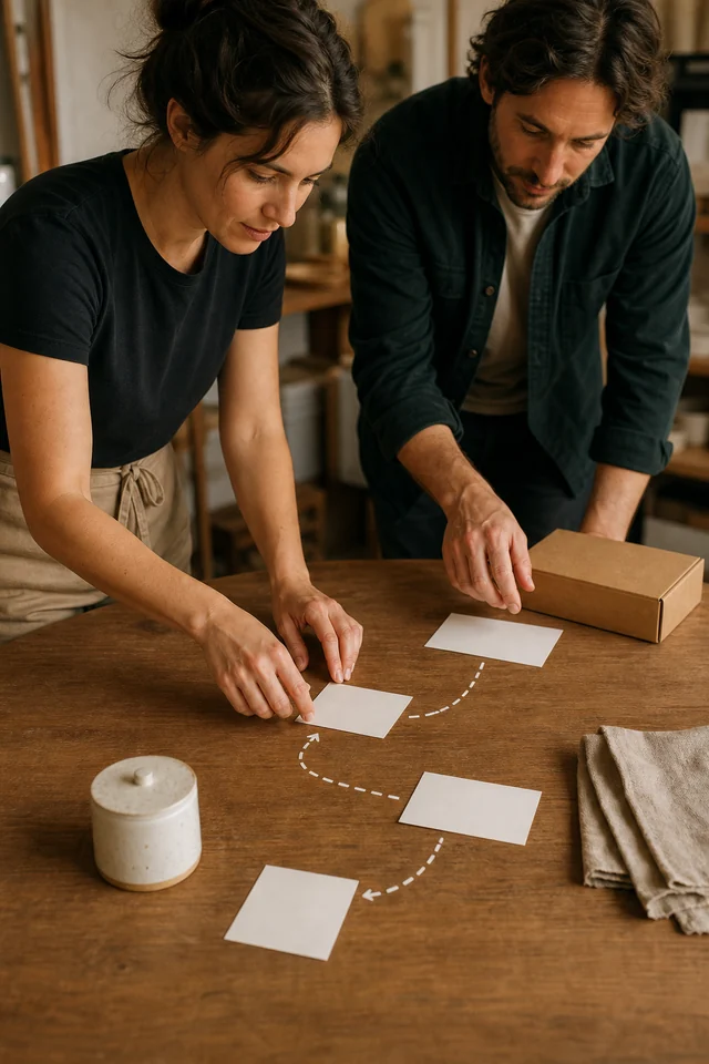 AI-generated editorial photograph of makers arranging a simple buyer route with blank cards and a parcel.