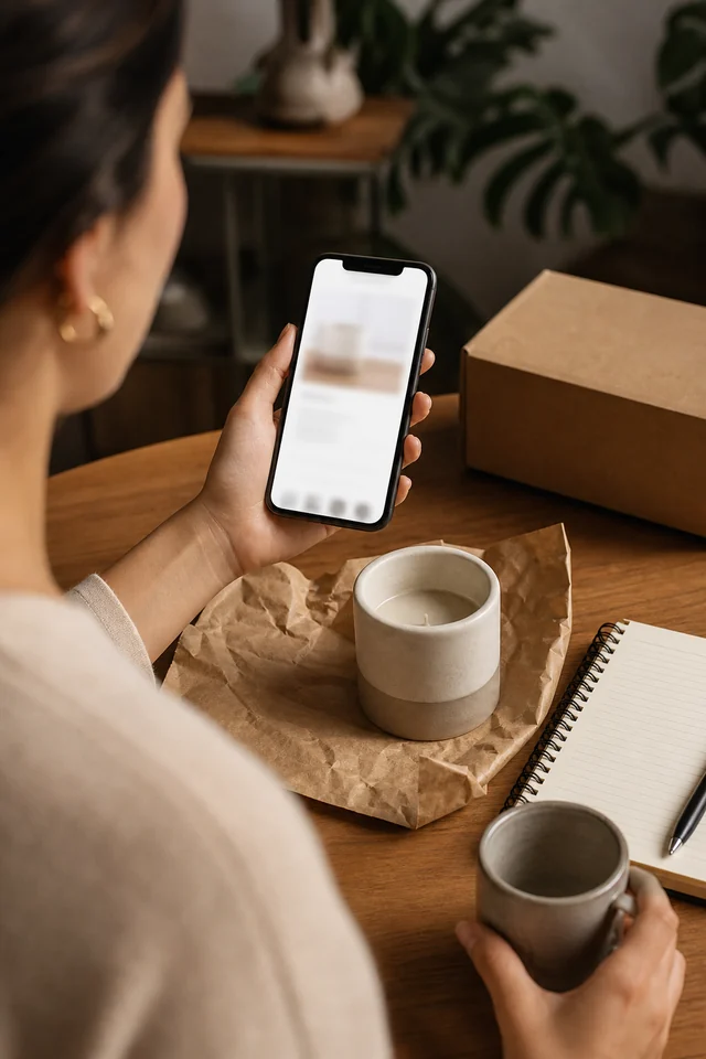 AI-generated editorial photograph of a maker reviewing a product page concept beside a product sample.