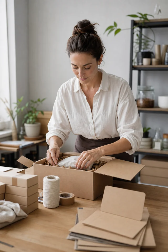 AI-generated editorial photograph of a maker packing an unbranded product order.