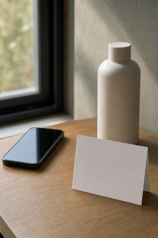 AI-generated editorial photograph of a maker explaining an unbranded product with blank information cards.