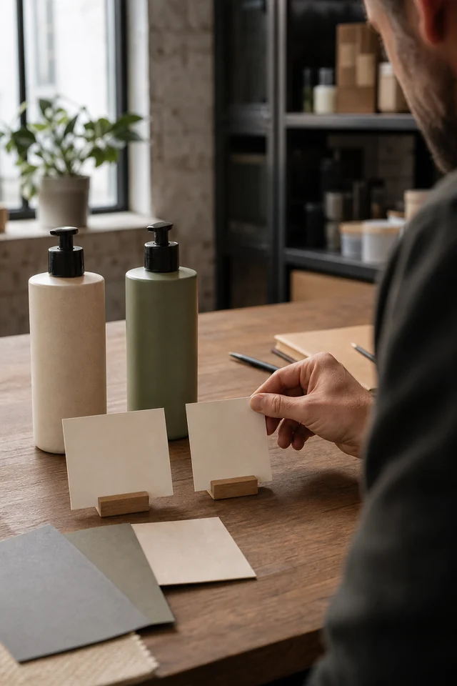AI-generated editorial photograph of a maker choosing between two unbranded product variants.