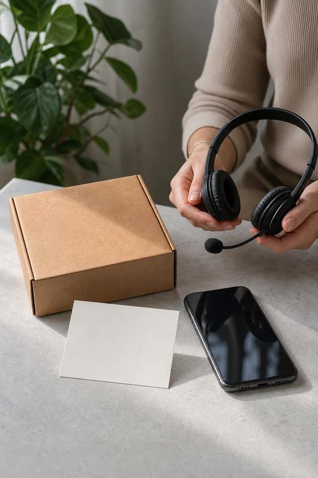 AI-generated editorial photograph of a product parcel and plain care card for customer help.