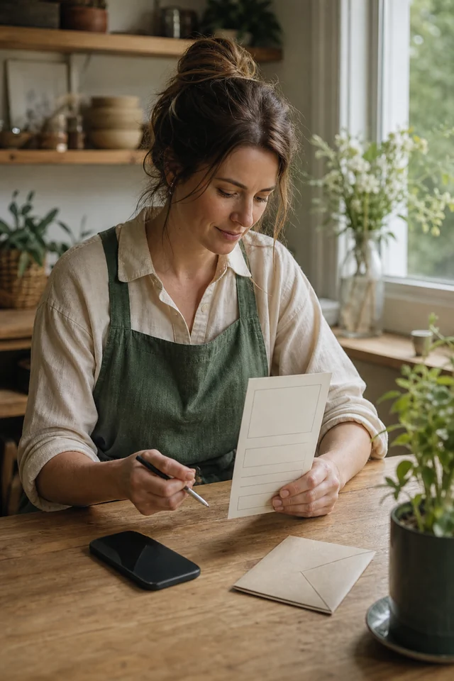 AI-generated editorial photograph of a maker checking a signup promise beside a blank phone and envelope.