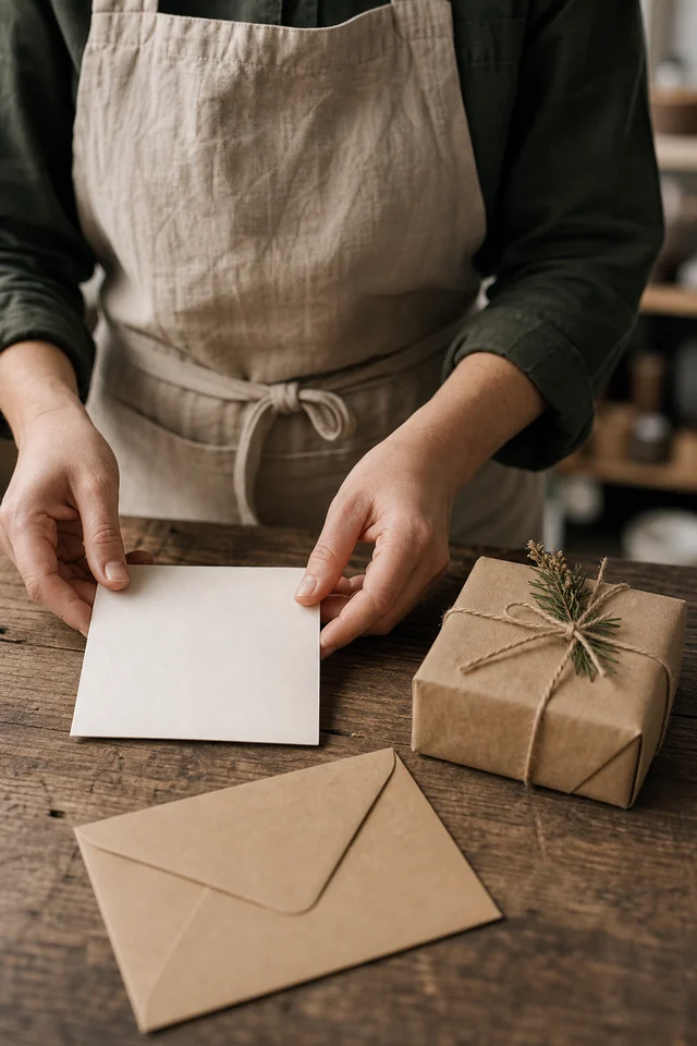 AI-generated editorial photograph of a maker preparing a thank-you card and small parcel.