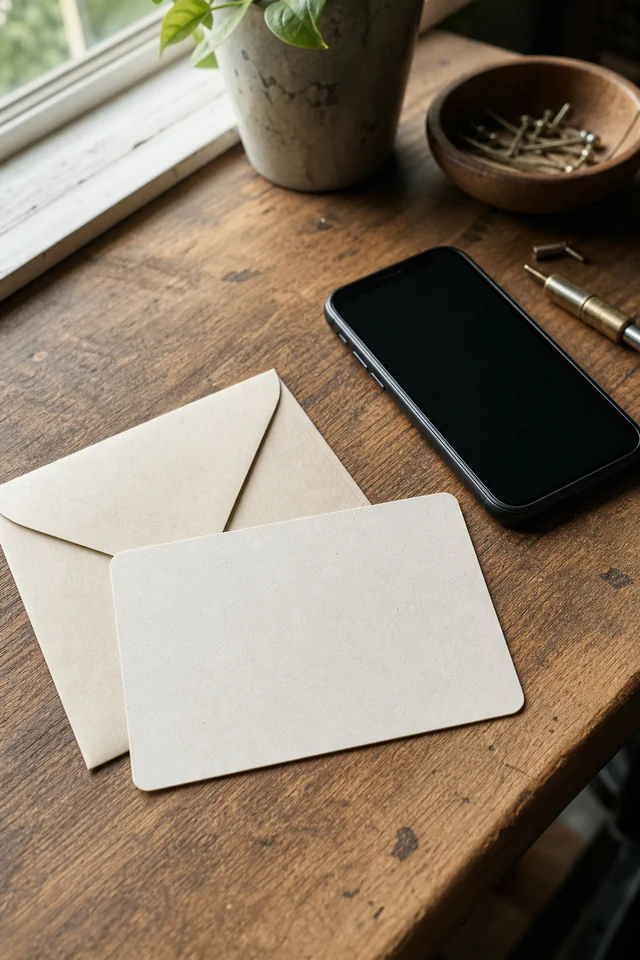AI-generated editorial photograph of a maker considering a modest offer beside a parcel.