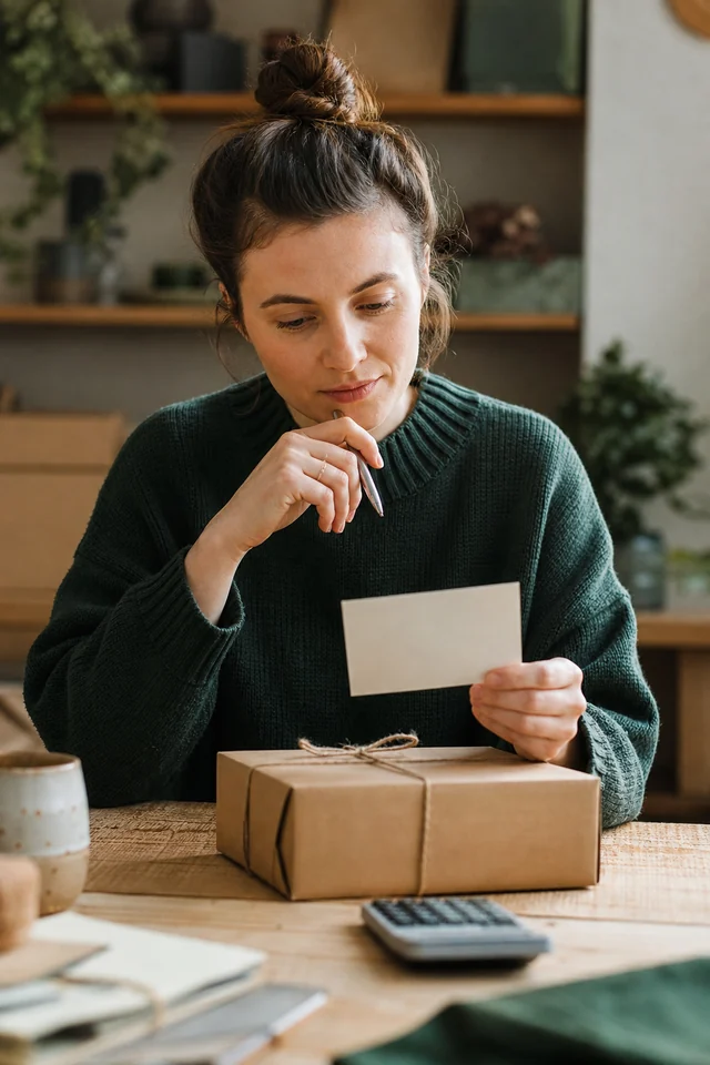 AI-generated editorial photograph of a maker preparing a welcome message beside a phone and parcel.