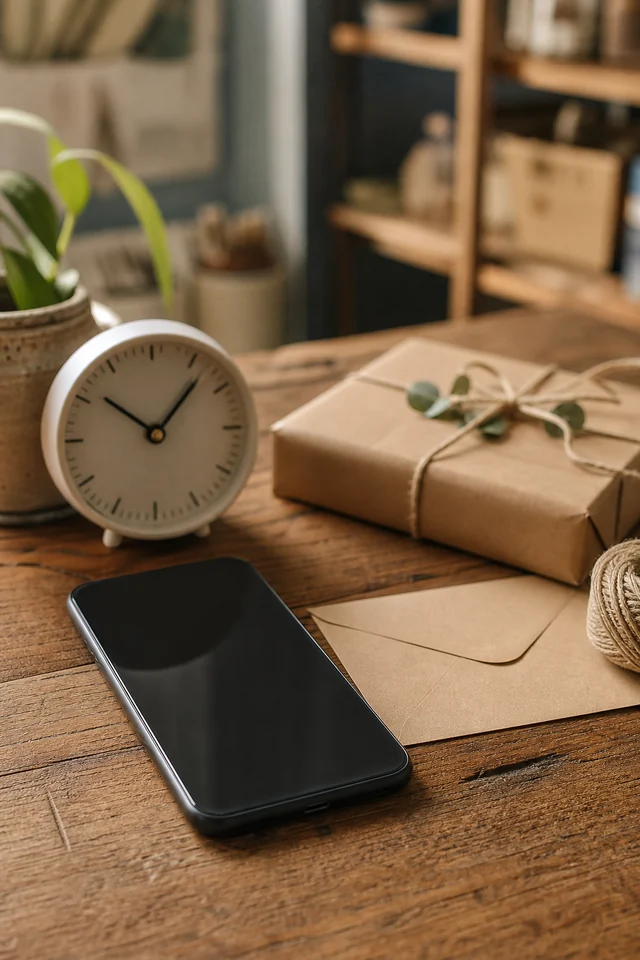 AI-generated editorial photograph of a phone, clock, envelope and parcel on a worktable.