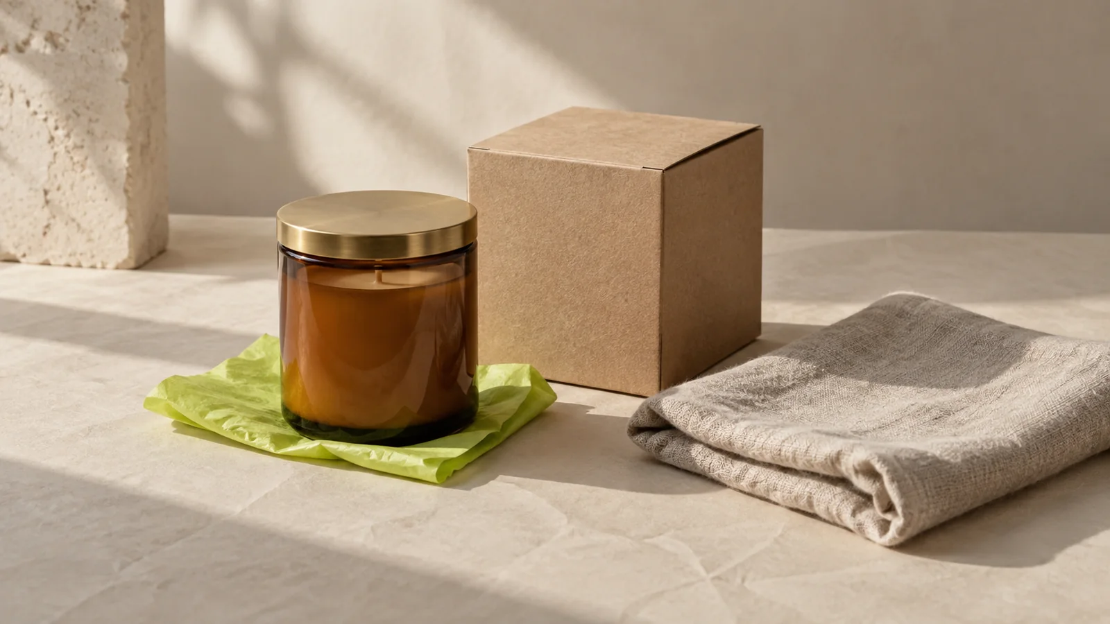 Illustrated still life of an amber jar, plain box and folded fabric.
