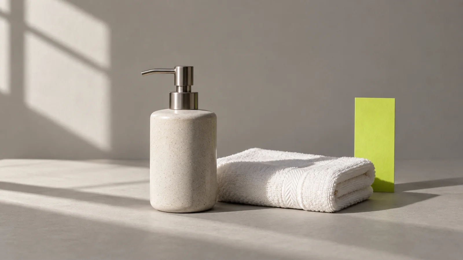 Illustrated ceramic dispenser and folded towel.