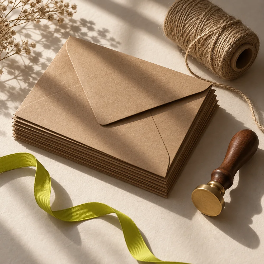 Illustrated envelopes, twine and a wax stamp.